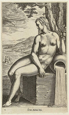 The Water Nymph Salmacis, Seated On A Stone Block Print by Philip Galle
