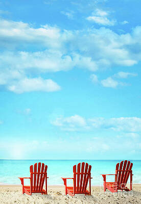 Three deck chairs near the ocean by Sandra Cunningham Three deck chairs near the ocean by Sandra Cunningham