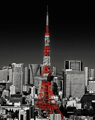 Wall Art featuring the digital art Tokyo Tower, Japan, Isolated On Black And White by Nicko Prints