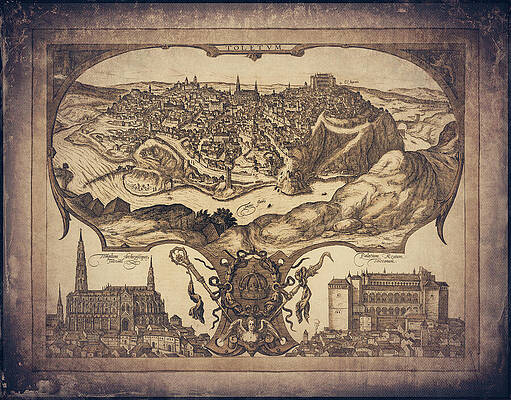 Wall Art - Drawing - Toledo Spain Vintage Historical Map 16th Century Sepia by Carol Japp