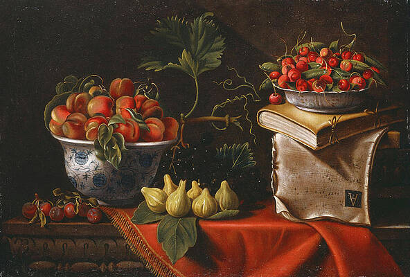 Wall Art - Painting - Tomas Yepes / 'Still life of fruits in blue and white ceramic bowls, book and parchment', Paintin... by Tomas Yepes -c 1610-1674-
