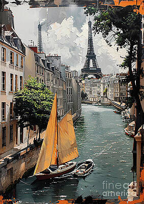 Wall Art - Painting - Tour Total France - Eiffel Tower Sailboat A Parisian Canal View by Clark Leffler