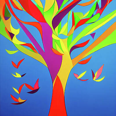 Wall Art - Digital Art - Tree and Birds Colorful Abstract 01 by Matthias Hauser
