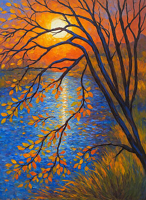 Wall Art - Digital Art - Tree near a river at sunset - digital painting in the post-impressionist style by Nicko Prints