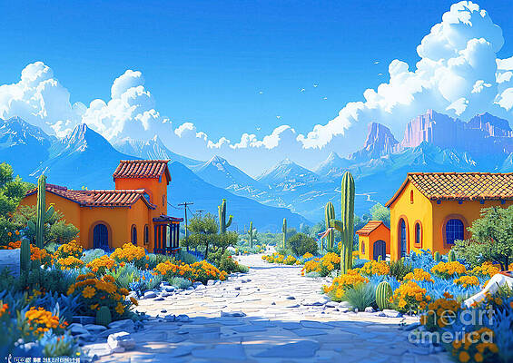 Wall Art - Painting - Tucson Arizona Tucson Stunning Desert Landscape with Yellow Houses and Mountain Range by Clark Leffler