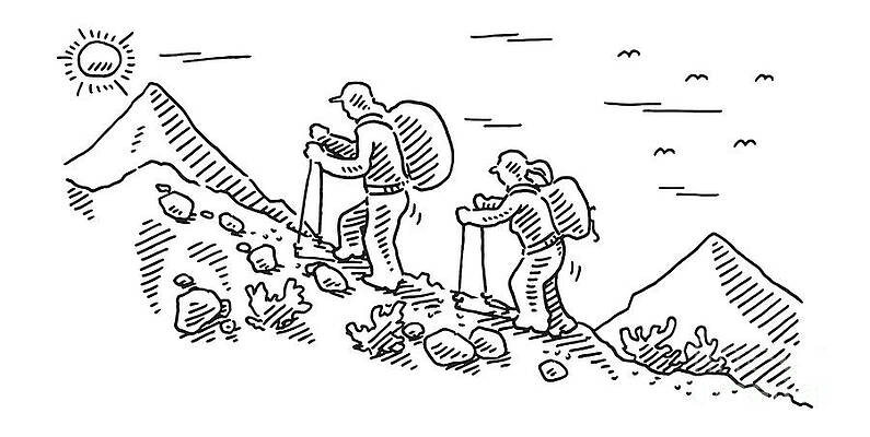 Wall Art - Drawing - Two Human Figures Hiking Trip Drawing by Frank Ramspott