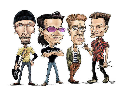 Wall Art - Drawing - U2, 1992, in color by Mike Scott