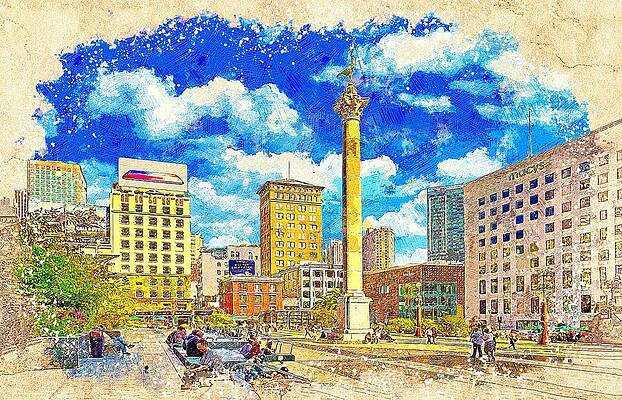 Wall Art featuring the digital art Union Square With The Dewey Monument In San Francisco - Colored Drawing by Nicko Prints