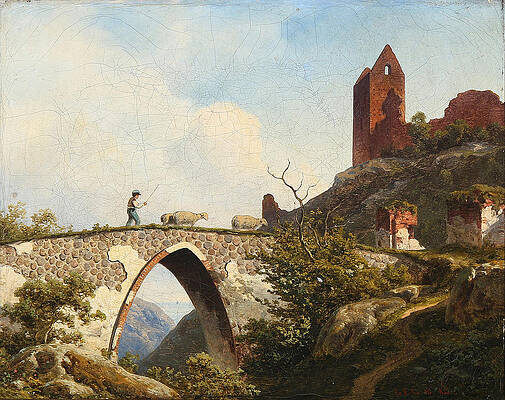 View From Hammershus On Bornholm With A Shepherd Crossing A Bridge Print by Georg Emil Libert