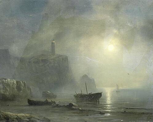 Wall Art - Drawing - View of a Rocky Coast by Moonlight    art by Theodore Gudin French