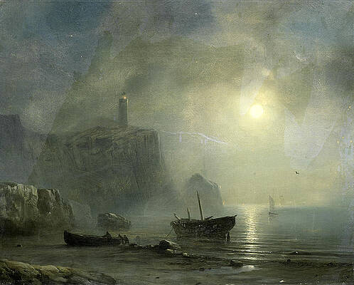 View of a Rocky Coast by Moonlight Print by Theodore Gudin