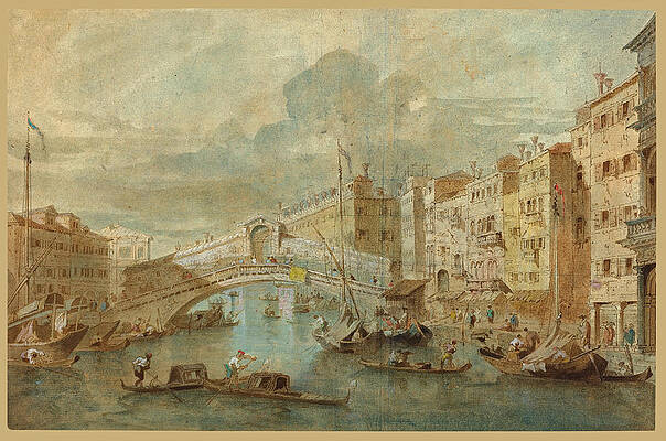 View Of The Rialto Bridge, Venice Print by Attributed to Francesco Guardi