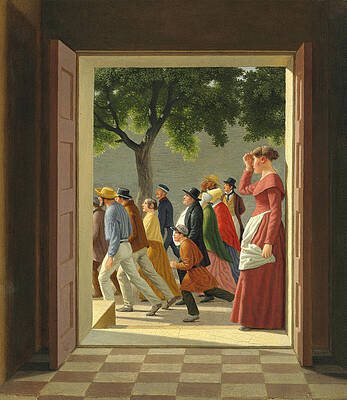 View through a door to running figures Print by Christoffer Wilhelm Eckersberg