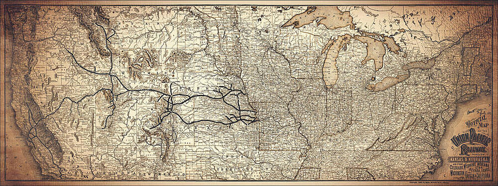 Wall Art - Drawing - Vintage Map of The Union Pacific Railway 1883 Sepia  by Carol Japp