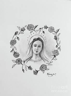 Wall Art - Drawing - Virgin Mary with Heart Wreath of Roses by Rebecca Mike
