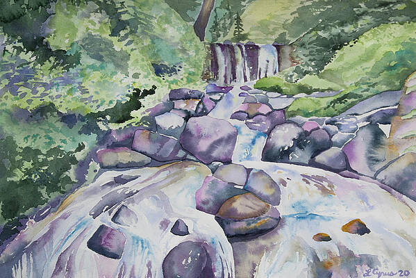 Watercolor Forest Waterfall And Stream Painting By Cascade Colors