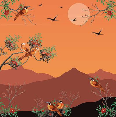 Watercolor Painting Featuring Birds On A Flowering Tree Branch In The Back Sunset With A View Of A M by 7ob