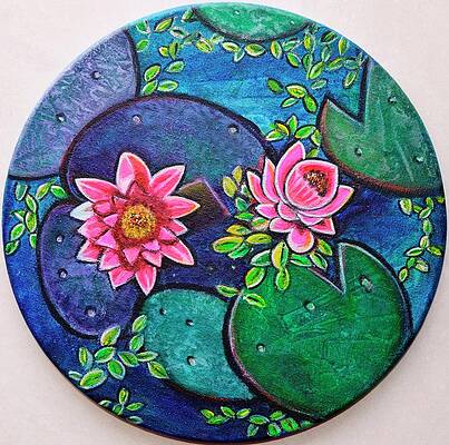 Waterlillies pond on round canvas by Manjiri Kanvinde Waterlillies pond on round canvas by Manjiri Kanvinde