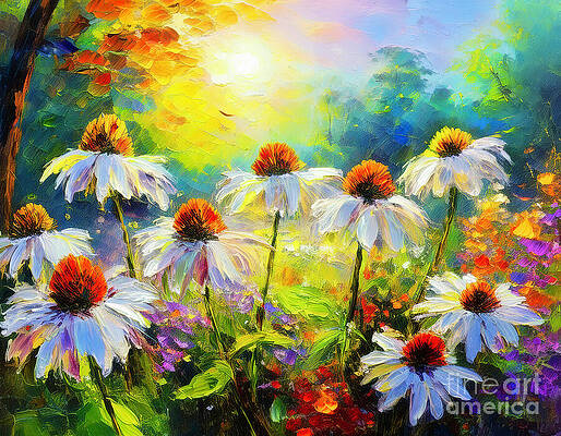 Wall Art featuring the digital art White Coneflowers by Macro Abundance