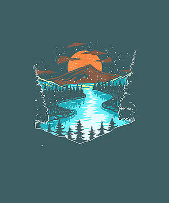 Wall Art - Drawing - Wildlife Mountain River Outdoor Nature Full Moon Tree Forest   by Alicia Cosper
