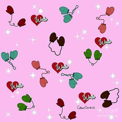Wall Art - Digital Art - Winter Love Mittens and Snowflake Pattern on Fuchsia Pink by Colleen Cornelius