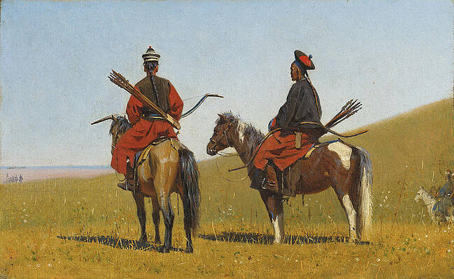 Two Chinese horsemen on the steppe Print by Vasily Vereshchagin
