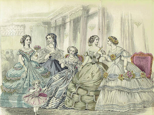 Wall Art - Drawing - Women at a ball wearing Victorian era dresse by Steve Estvanik