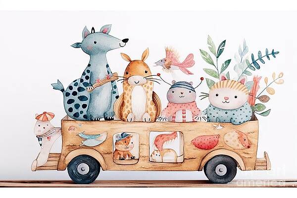 Wall Art - Painting - Wooden car with cute animals. Watercolor illustration. Kids decor. by N Akkash