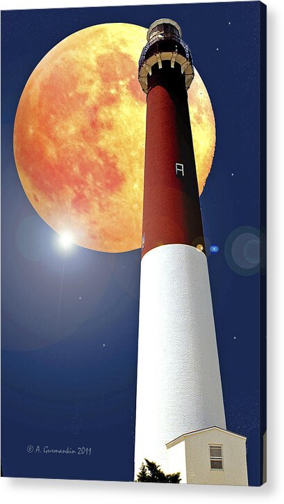 Lighthouse Acrylic Print featuring the photograph Fantasy Lighthouse and Full Moon Poster Image by A Macarthur Gurmankin