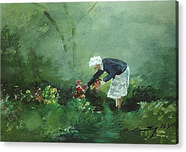 Watercolor Acrylic Print featuring the painting Her Flowers by Joy Nichols
