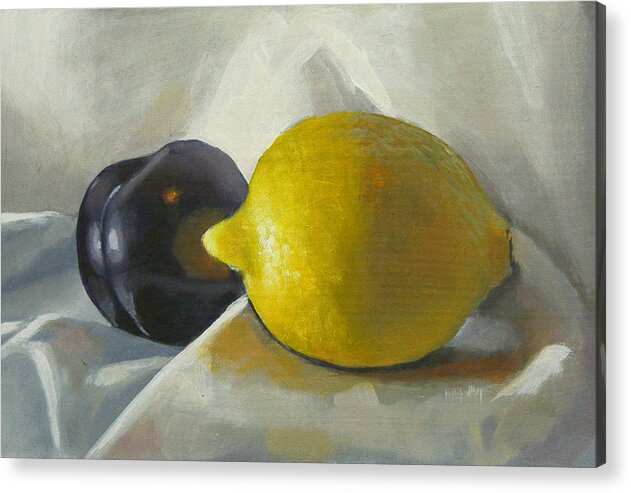 Lemon Acrylic Print featuring the painting Lemon and plum by Peter Orrock