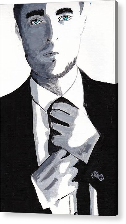 Robert Pattinson Famous Faces Movies Film Star Actor Black And White Painting Acrylic Print featuring the painting Robert Pattinson 80 by Audrey Pollitt