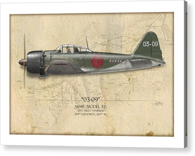 Aviation Acrylic Print featuring the painting Takeo Tanimizu A6M Zero - Map Background by Craig Tinder