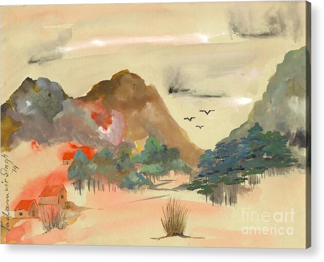Watercolours Acrylic Print featuring the painting Landscape 74- 26 by Padamvir Singh