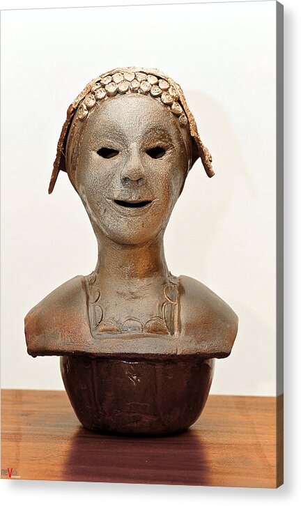 Roma Acrylic Print featuring the sculpture Roman mask torso lady with head cover face eyes large nose mouth shoulders by Rachel Hershkovitz