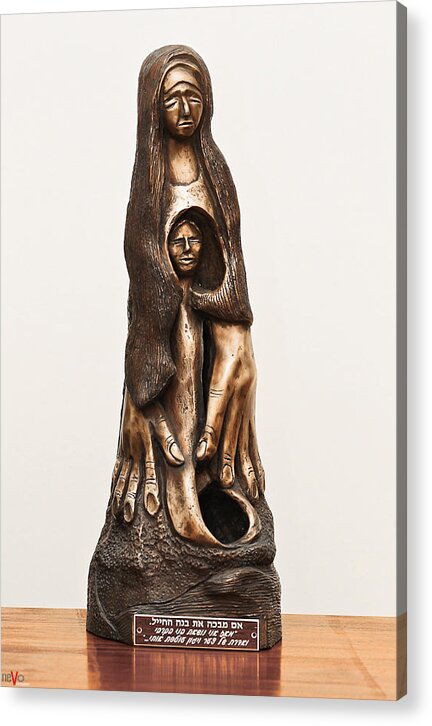 Woman Acrylic Print featuring the sculpture Woman mourning her dead son who died in a war by Rachel Hershkovitz