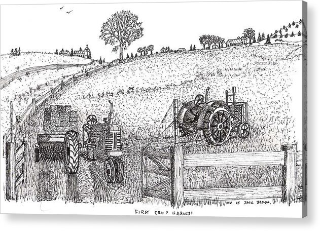 Farm Landscape Tractor Hay Crop Field Country Acrylic Print featuring the drawing First Hay Crop by Jack G Brauer