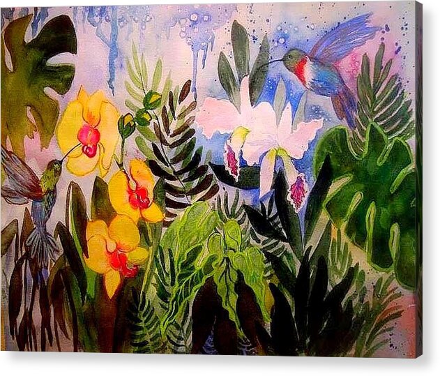 Birds And Flowers Acrylic Print featuring the painting Hummers and Orchids by Esther Woods