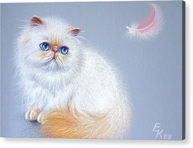 Persian Acrylic Print featuring the drawing Kitten and feather 2 by Elena Kolotusha