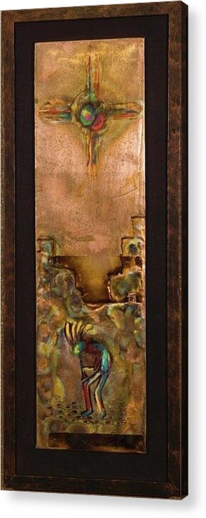 Native American Acrylic Print featuring the mixed media Sky City Kokopelli Under a Zia by Laurie Tietjen