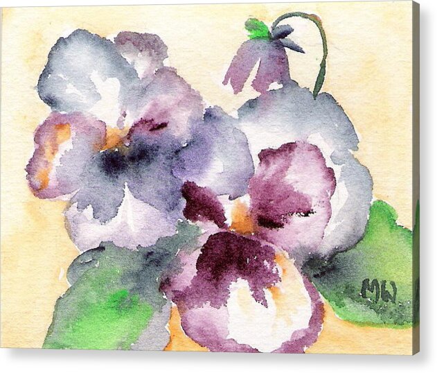 Pansy Flower Floral Purple Blue Green Yellow Watercolor Painting Marsha Woods Acrylic Print featuring the painting Two Pansies by Marsha Woods