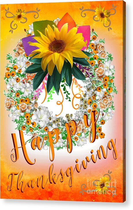 Autumn Acrylic Print featuring the digital art Autumn Orange Happy Thanksgiving Card by Delynn Addams