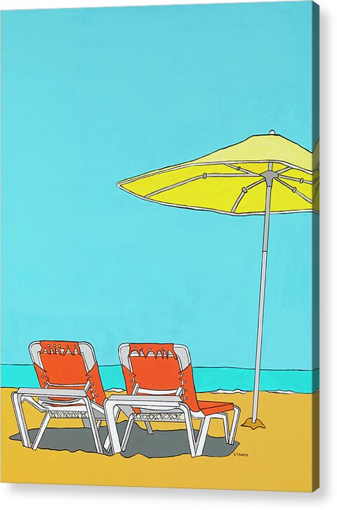 Orange Beach Chairs Water Longisland Montauk Florida Capecod Acrylic Print featuring the painting Beach Chairs by Mike Stanko