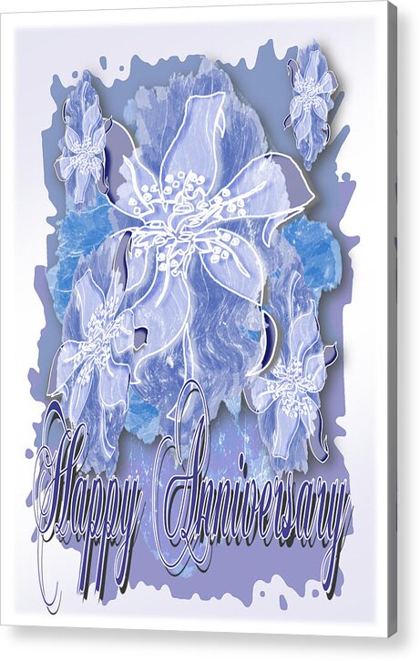 Happy Acrylic Print featuring the digital art Happy Anniversary a Blue Gray Monochrome Card by Delynn Addams