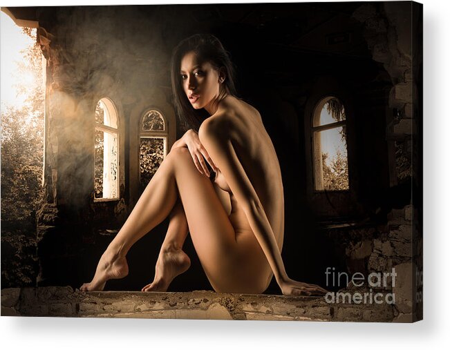 Old Asian Art Nude - Beautiful Asian Naked Woman Sitting On An Old Chair In An Empty Grunge Room  Acrylic Print