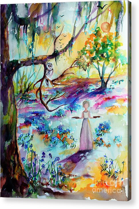 Bluebells Acrylic Print featuring the painting Bluebells Forest and Savannah Bird Girl Watercolor by Ginette Callaway