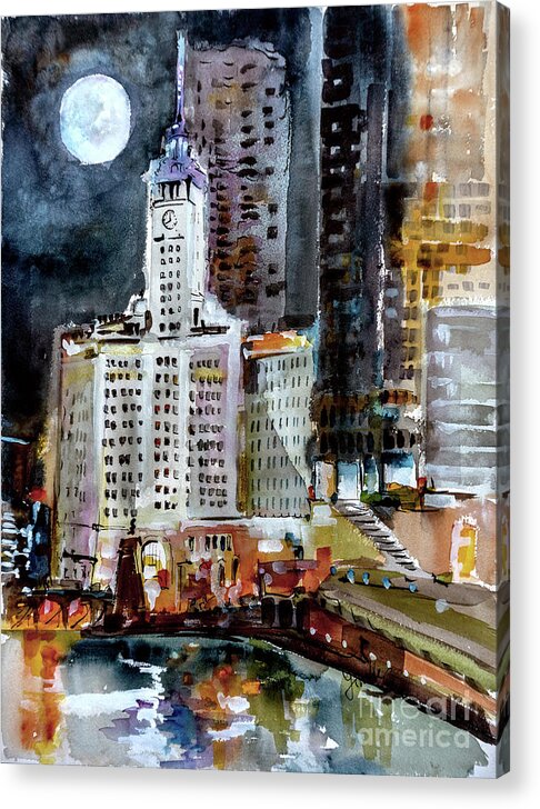 Chicago Acrylic Print featuring the painting Chicago Night Wrigley Building Art by Ginette Callaway