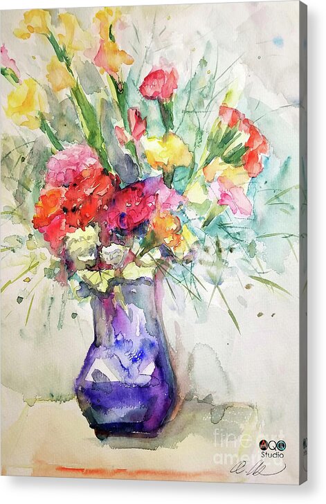 Watercolor Acrylic Print featuring the painting Flower with Purple Vase by Leslie Ouyang