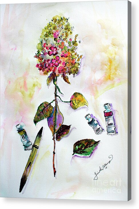 Still Life Acrylic Print featuring the painting Hydrangea Still Life with Objects by Ginette Callaway