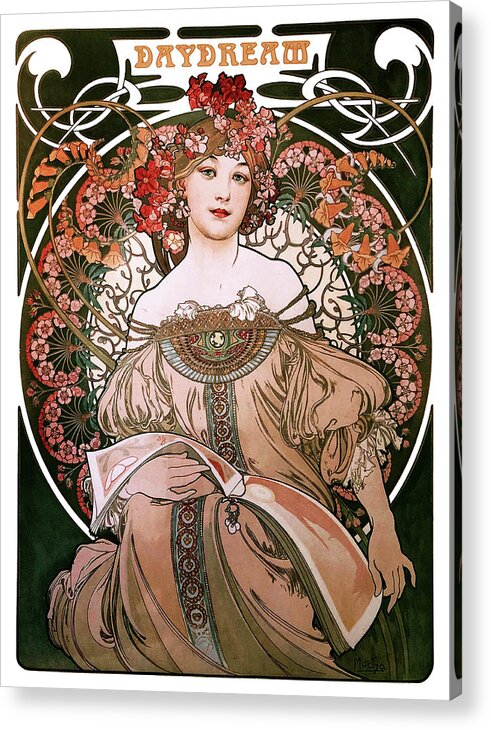 Daydream Acrylic Print featuring the painting Daydream by Alphonse Mucha White Background by Rolando Burbon